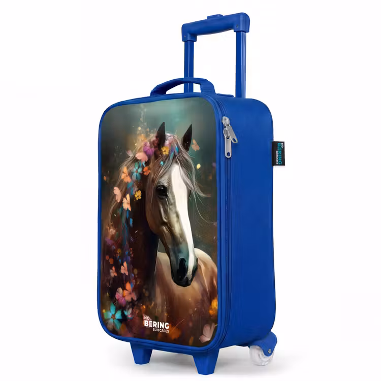 Lichtbruin paard tussen de bloemen Kinderkoffer - Blauw klein -productfoto_schuin