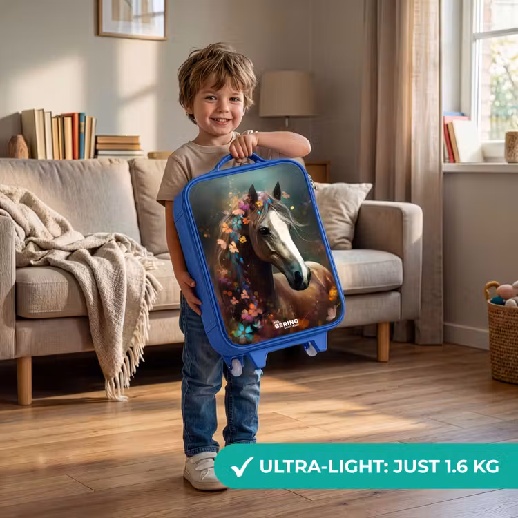 Lichtbruin paard tussen de bloemen Kinderkoffer - Blauw klein -sfeer2_EN