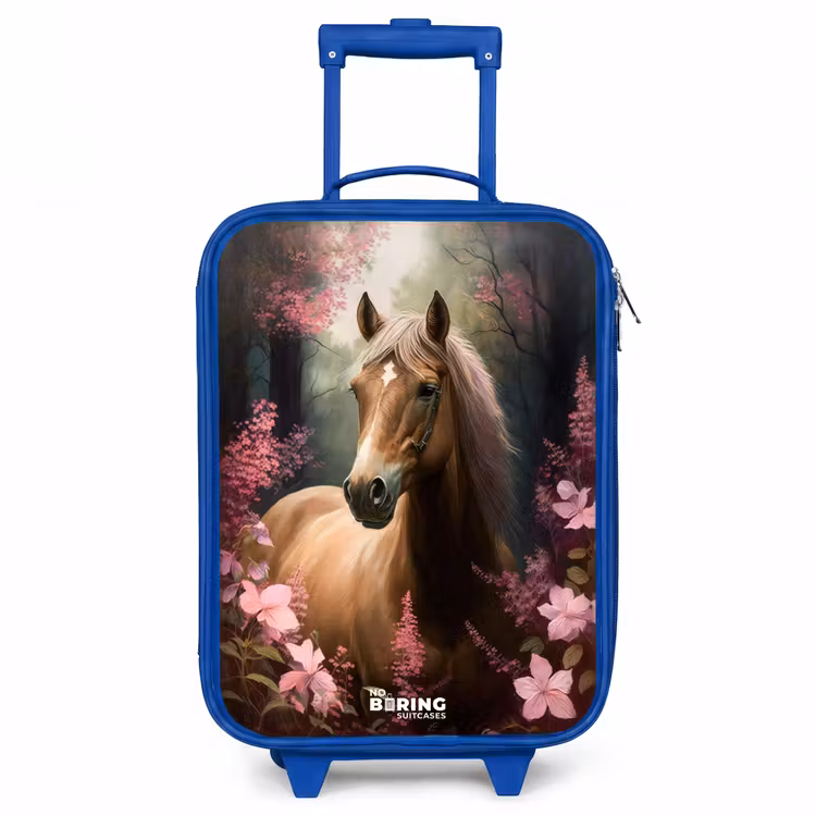 Lichtbruin paard tussen de roze bloemen Kinderkoffer - Blauw klein -3d