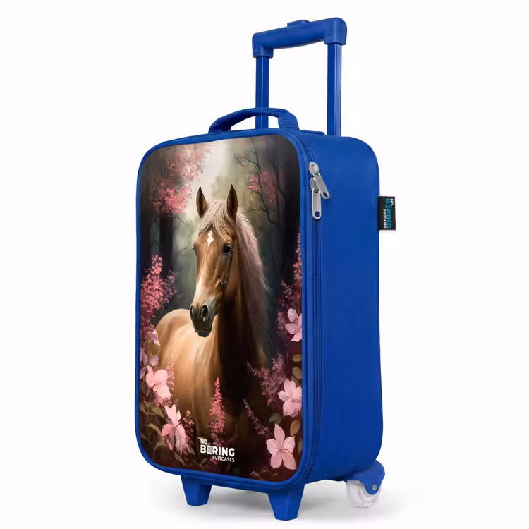 Lichtbruin paard tussen de roze bloemen Kinderkoffer - Blauw klein -productfoto_schuin