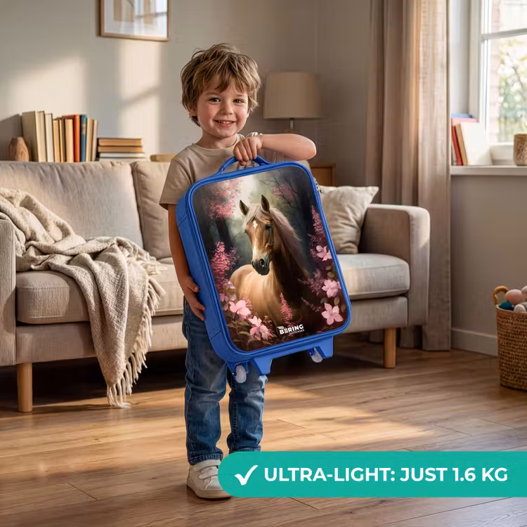 Lichtbruin paard tussen de roze bloemen Kinderkoffer - Blauw klein -sfeer2_EN