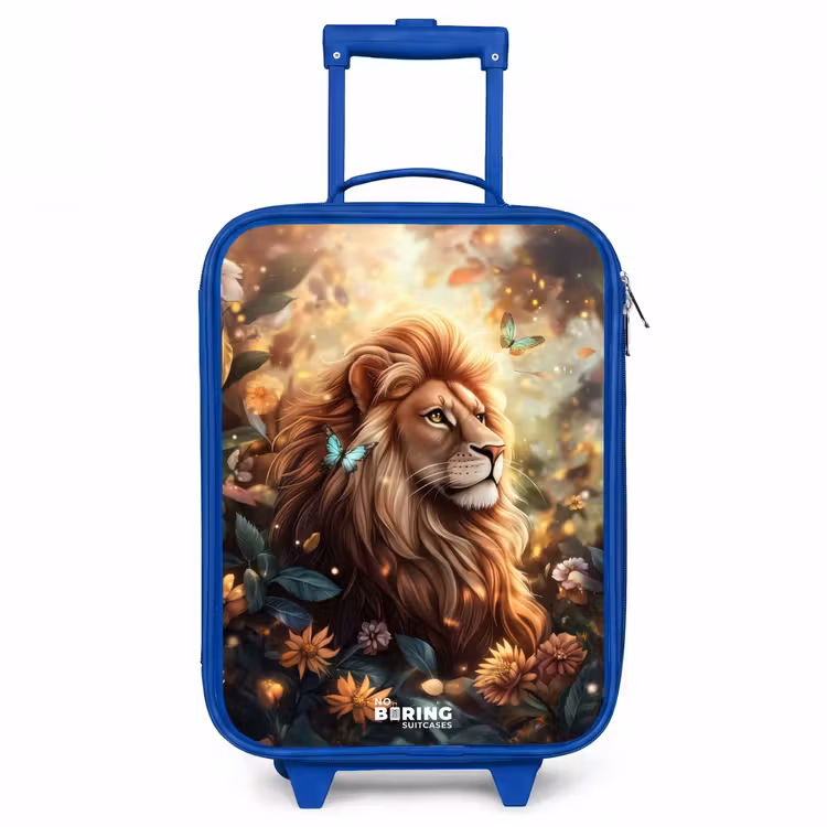 Leeuw met vlinders in bloemrijke jungle Kinderkoffer - Blauw klein -3d