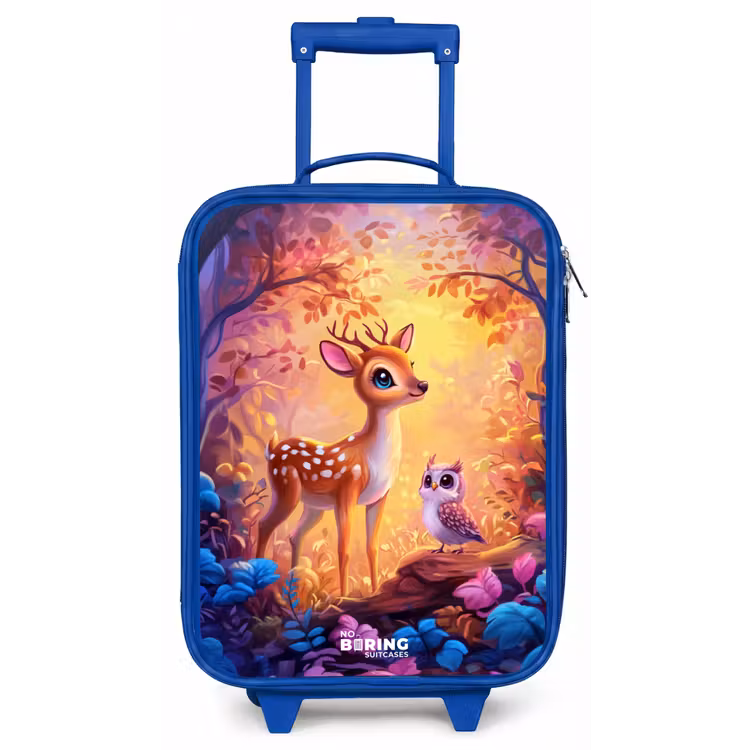 Hertje en uil in een roze sprookjesbos Kinderkoffer - Blauw klein -zz3dotto