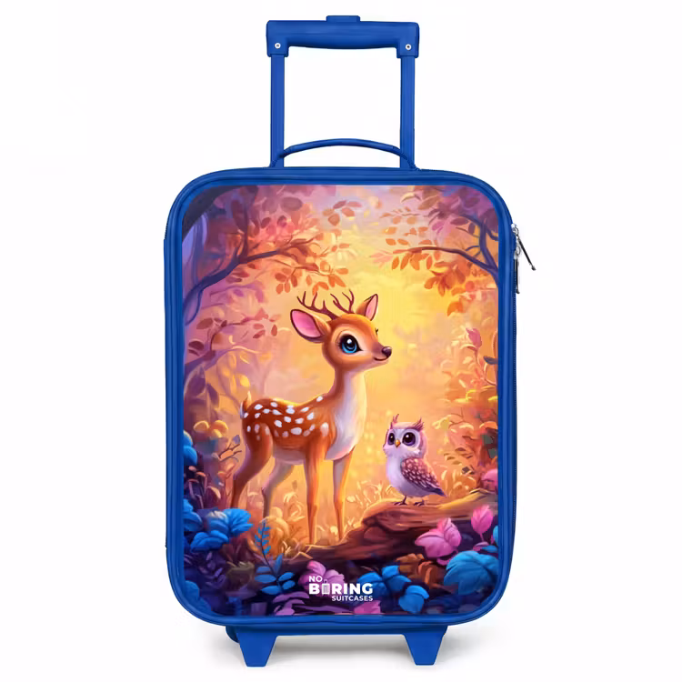 Hertje en uil in een roze sprookjesbos Kinderkoffer - Blauw klein -3d