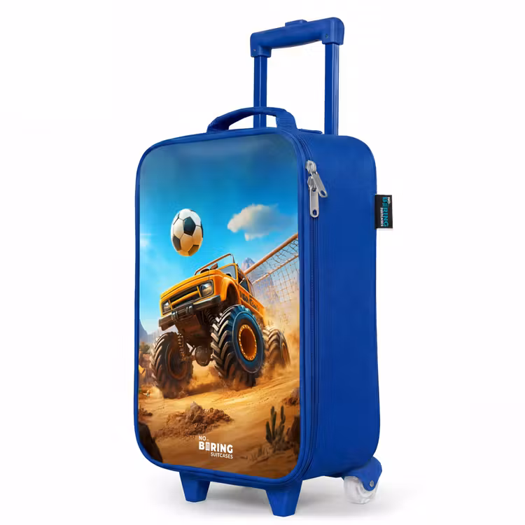 Monstertruck scoort goal in woestijnstadion Kinderkoffer - Blauw klein -productfoto_schuin