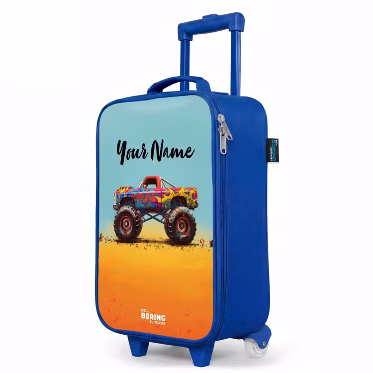 Monstertruck met Graffiti Print in het Zand Kinderkoffer - Blauw klein -productfoto_schuin