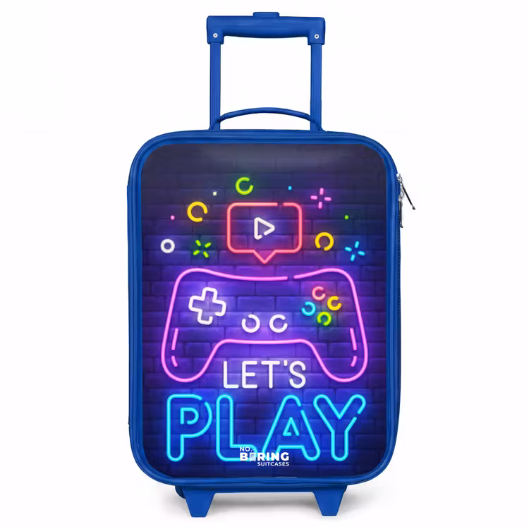 Neoncontroller tegen een bakstenen muur Kinderkoffer - Blauw klein -3d