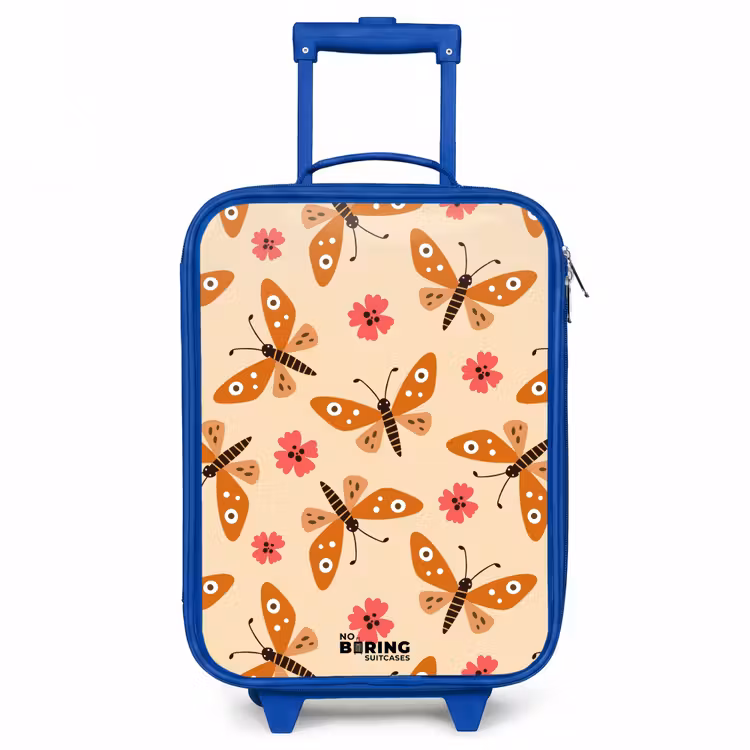 Oranje vlinders en roze bloemen op beige achtergrond Kinderkoffer - Blauw klein -3d