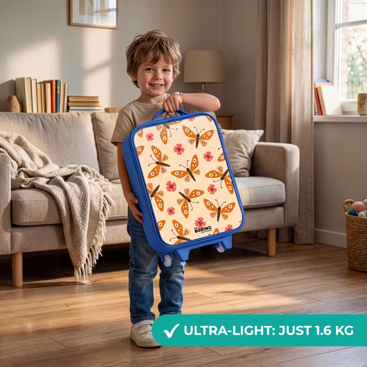 Oranje vlinders en roze bloemen op beige achtergrond Kinderkoffer - Blauw klein -sfeer2_EN
