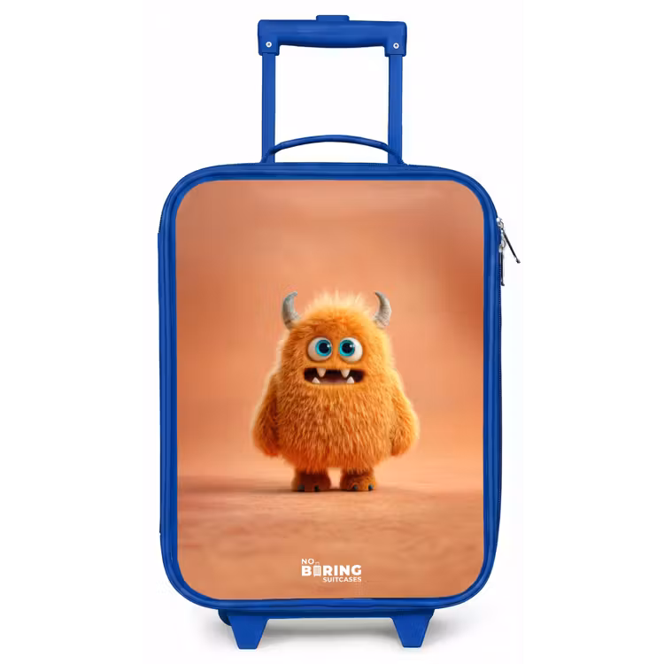 Oranje Pluizig Monster met Hoorns Kinderkoffer - Blauw klein -zz3dotto