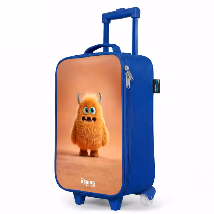 Oranje Pluizig Monster met Hoorns Kinderkoffer - Blauw klein -productfoto_schuin