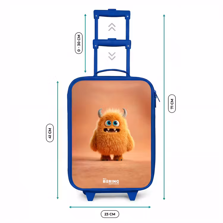 Oranje Pluizig Monster met Hoorns Kinderkoffer - Blauw klein -productfoto_formaten
