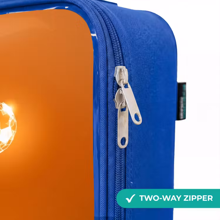 Oranje lichtvoetballer in zweefmoment Kinderkoffer - Blauw klein -rits_EN