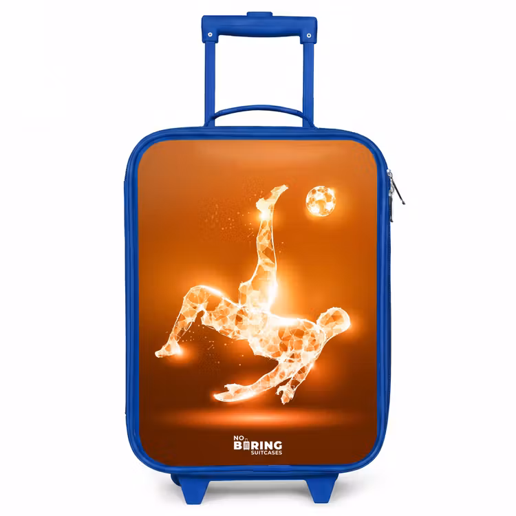 Oranje lichtvoetballer in zweefmoment Kinderkoffer - Blauw klein -3d