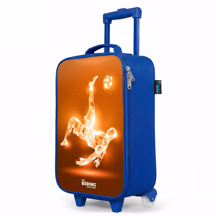 Oranje lichtvoetballer in zweefmoment Kinderkoffer - Blauw klein -productfoto_schuin