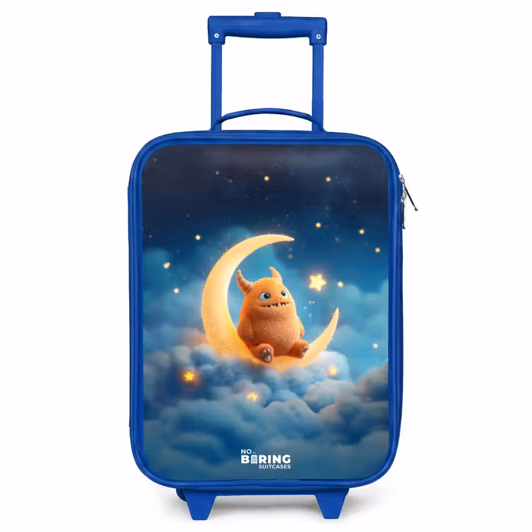 Oranje monster op maansikkel Kinderkoffer - Blauw klein -3d