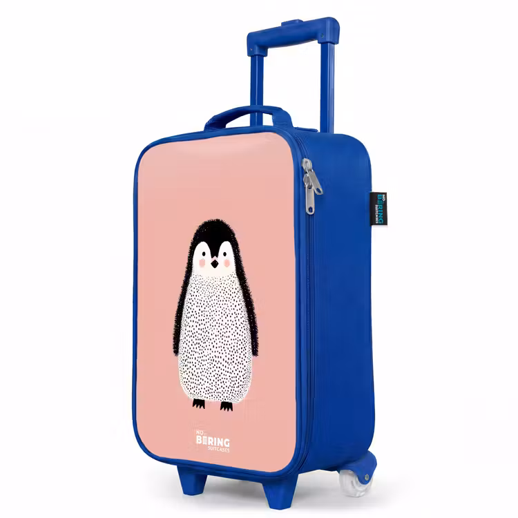 Pinguïn - Stippen - Roze - Minimalistisch Kinderkoffer - Blauw klein -productfoto_schuin
