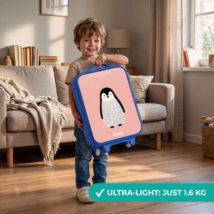 Pinguïn - Stippen - Roze - Minimalistisch Kinderkoffer - Blauw klein -sfeer2_EN