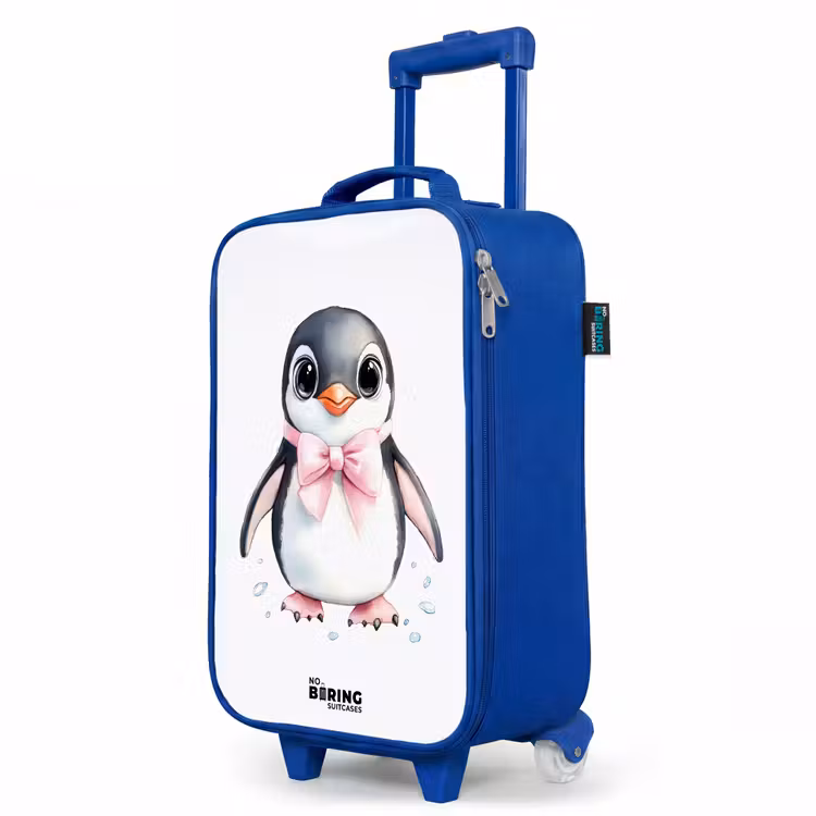 Pinguïn met roze strik en ijsdruppels Kinderkoffer - Blauw klein -productfoto_schuin