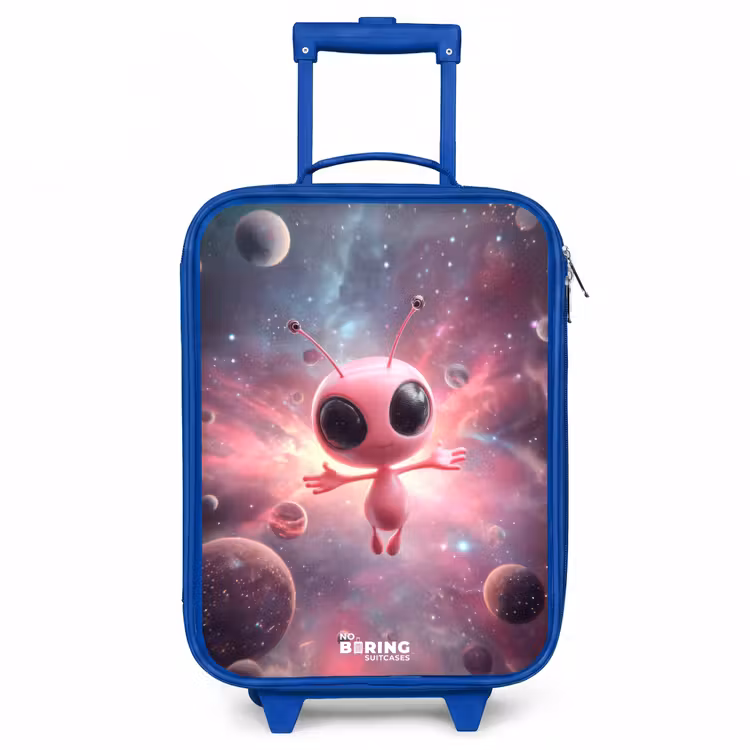 Roze Alien in Sterrennevel Kinderkoffer - Blauw klein -3d