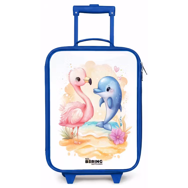 Roze flamingo en blauwe dolfijn op een strand Kinderkoffer - Blauw klein -zz3dotto