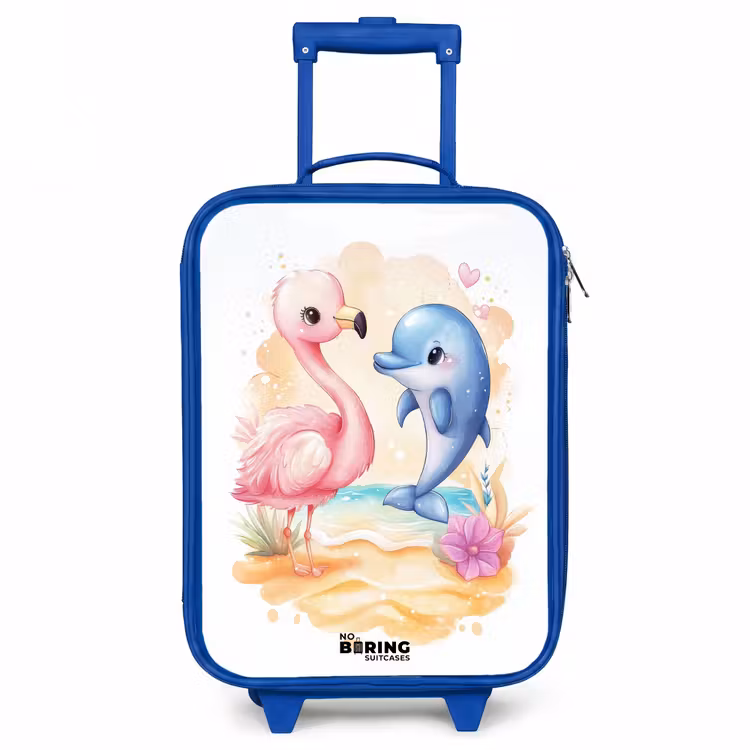 Roze flamingo en blauwe dolfijn op een strand Kinderkoffer - Blauw klein -3d