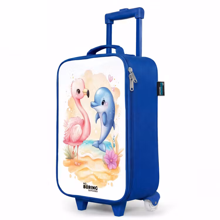 Roze flamingo en blauwe dolfijn op een strand Kinderkoffer - Blauw klein -productfoto_schuin