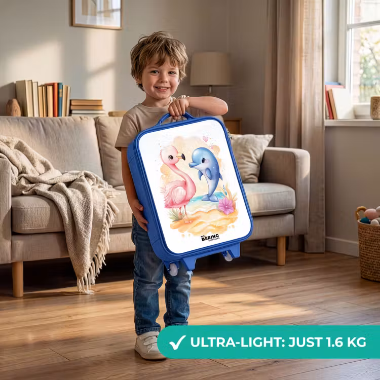 Roze flamingo en blauwe dolfijn op een strand Kinderkoffer - Blauw klein -sfeer2_EN