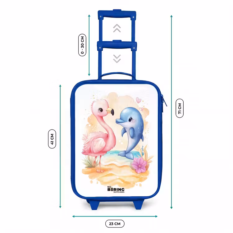 Roze flamingo en blauwe dolfijn op een strand Kinderkoffer - Blauw klein -productfoto_formaten