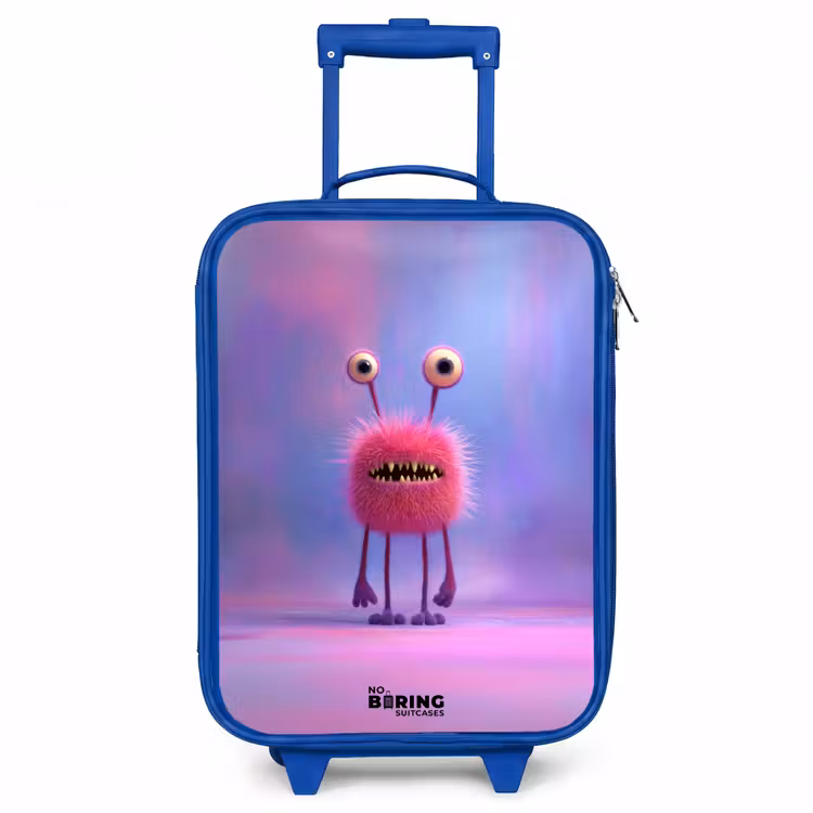 Roze harig monster met grote ogen Kinderkoffer - Blauw klein -3d