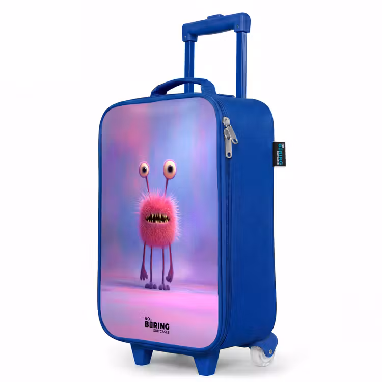 Roze harig monster met grote ogen Kinderkoffer - Blauw klein -productfoto_schuin