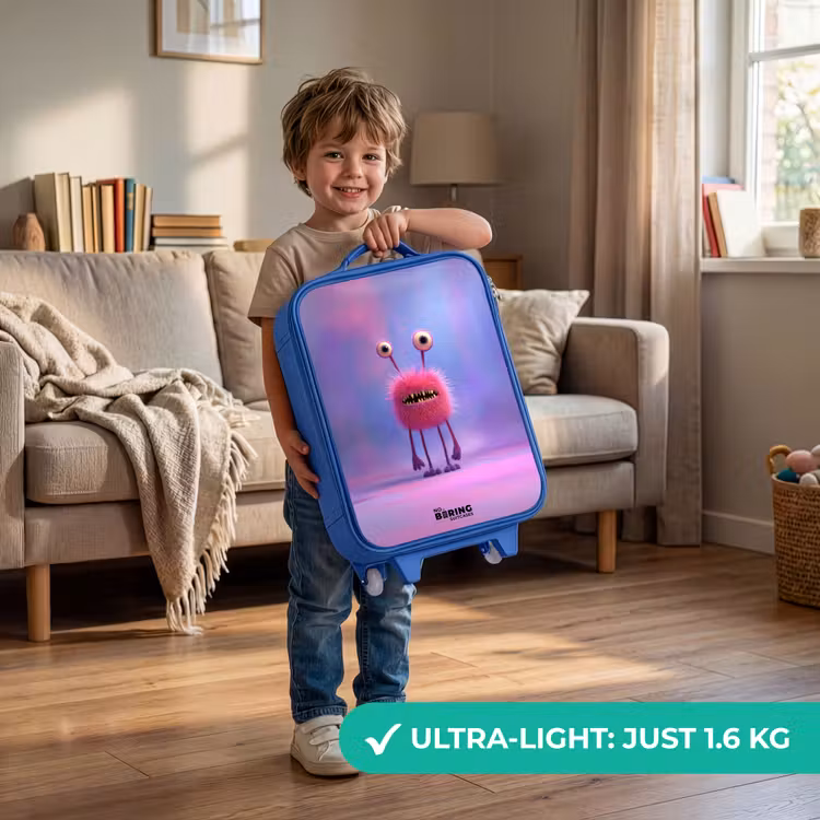 Roze harig monster met grote ogen Kinderkoffer - Blauw klein -sfeer2_EN