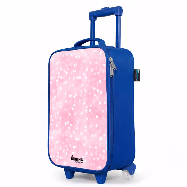 Roze glitter hartjes Kinderkoffer - Blauw klein -productfoto_schuin