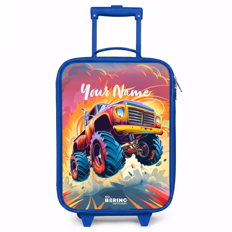 Roze Monstertruck Vliegt over het Asfalt Kinderkoffer - Blauw klein -3d