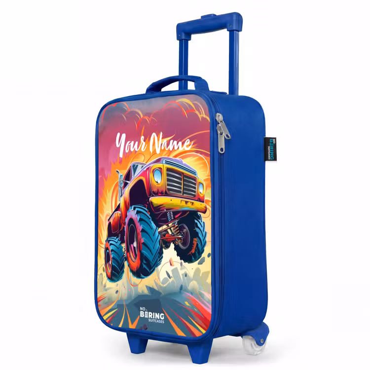Roze Monstertruck Vliegt over het Asfalt Kinderkoffer - Blauw klein -productfoto_schuin