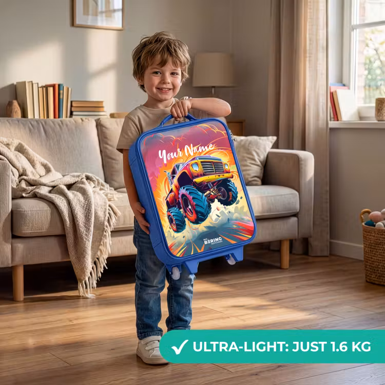 Roze Monstertruck Vliegt over het Asfalt Kinderkoffer - Blauw klein -sfeer2_EN