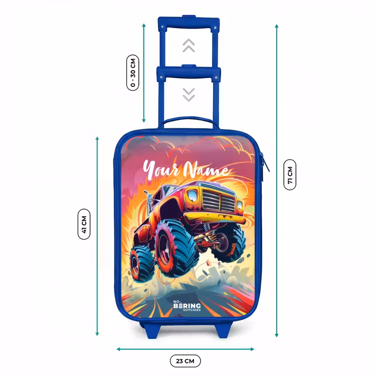 Roze Monstertruck Vliegt over het Asfalt Kinderkoffer - Blauw klein -productfoto_formaten