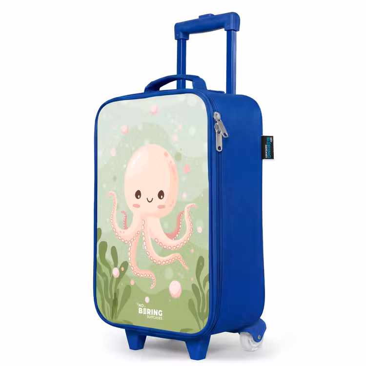 Roze octopus met een lach Kinderkoffer - Blauw klein -productfoto_schuin