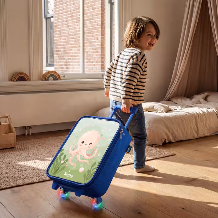 Roze octopus met een lach Kinderkoffer - Blauw klein -sfeer1