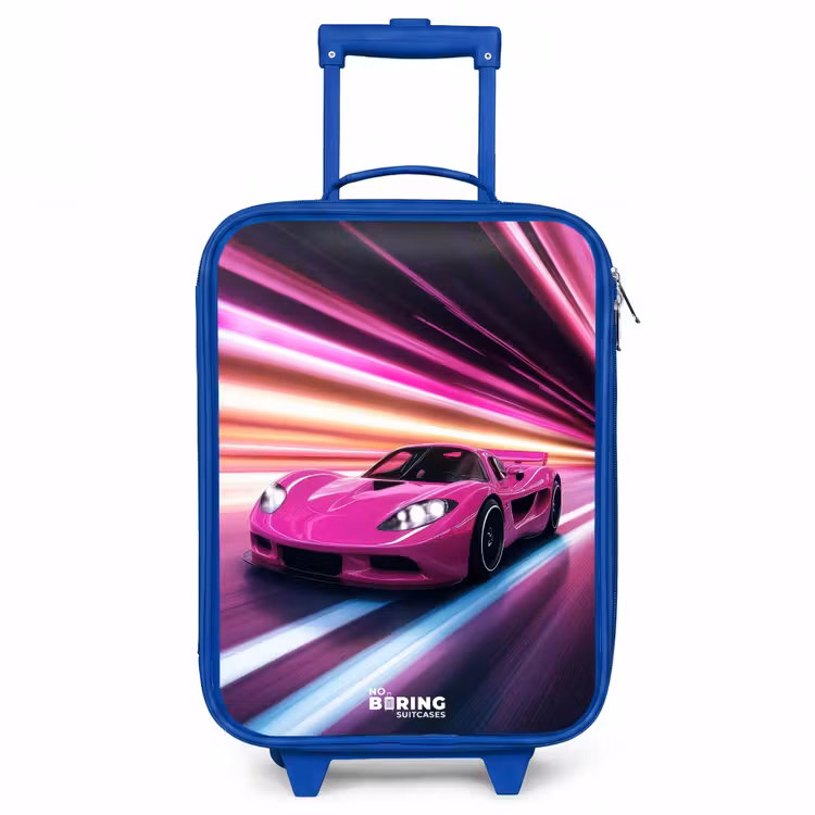 Roze raceauto flitst door neonlicht Kinderkoffer - Blauw klein -3d