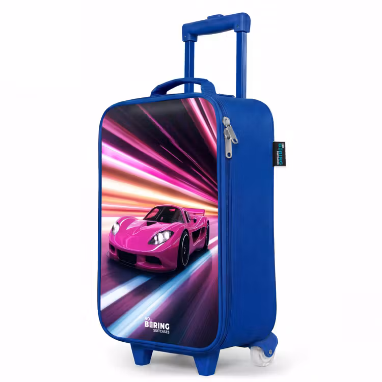 Roze raceauto flitst door neonlicht Kinderkoffer - Blauw klein -productfoto_schuin
