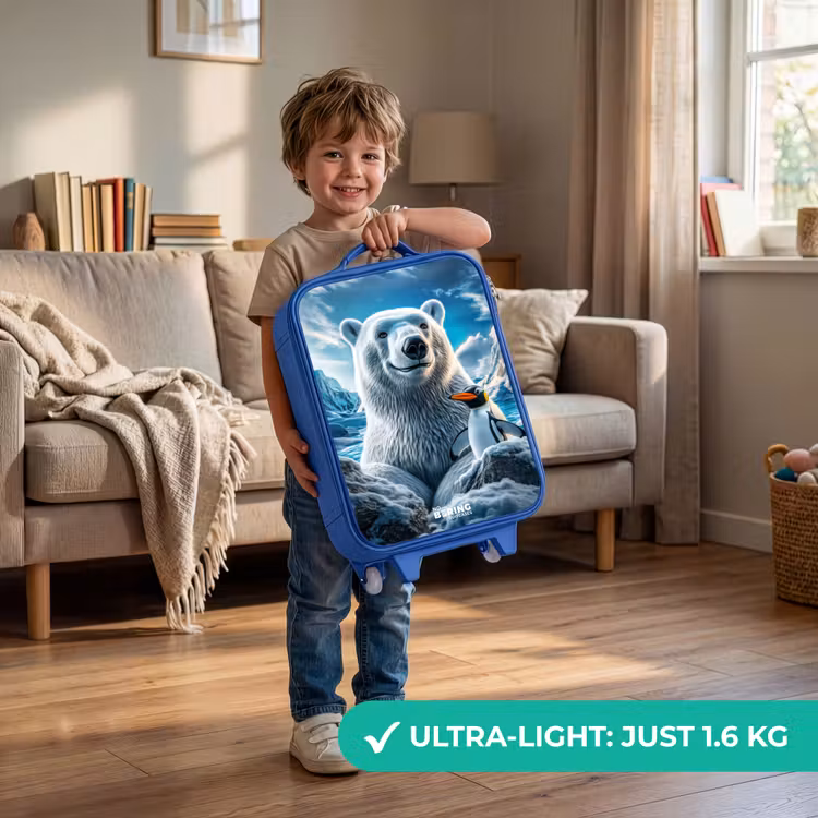 IJsbeer en pinguïn in besneeuwd berglandschap Kinderkoffer - Blauw klein -sfeer2_EN