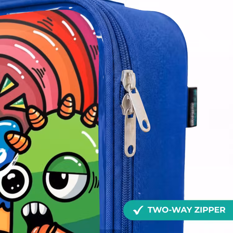 Knallende gekleurde monsters Kinderkoffer - Blauw klein -rits_EN