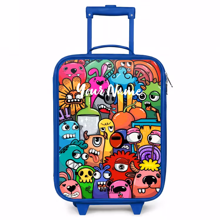 Knallende gekleurde monsters Kinderkoffer - Blauw klein -3d