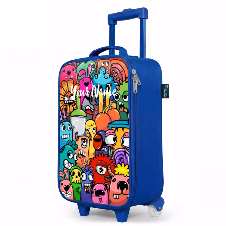 Knallende gekleurde monsters Kinderkoffer - Blauw klein -productfoto_schuin