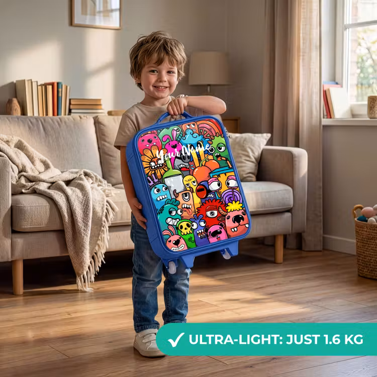 Knallende gekleurde monsters Kinderkoffer - Blauw klein -sfeer2_EN