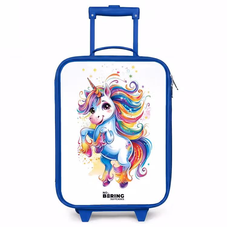 Steigerende Eenhoorn met Regenboogmanen Kinderkoffer - Blauw klein -3d