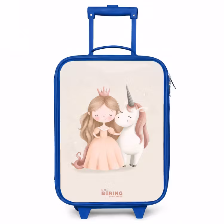 Prinses en een eenhoorn in pastel kleuren Kinderkoffer - Blauw klein -3d