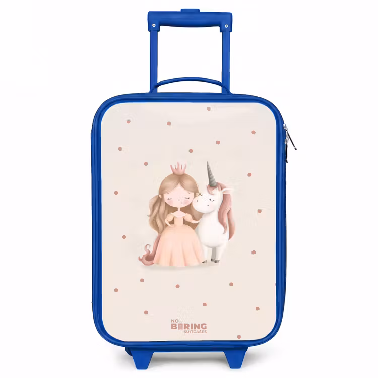 Prinses en een eenhoorn in pastel kleuren Kinderkoffer - Blauw klein -3d