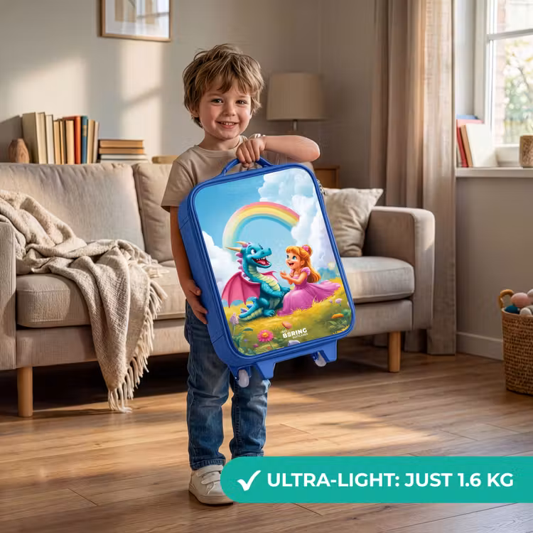 Prinses en dino in een kleurrijke wereld Kinderkoffer - Blauw klein -sfeer2_EN